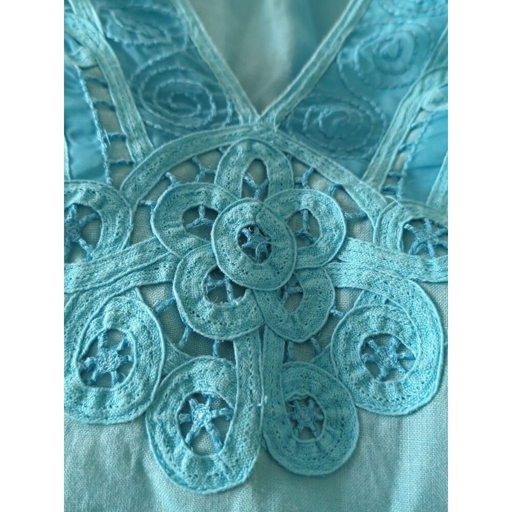 Silk Land Woman 100% Linen Top Tunic Turquoise Crochet Mesh Trim Size 1X-lp43 - Picture 9 of 11
